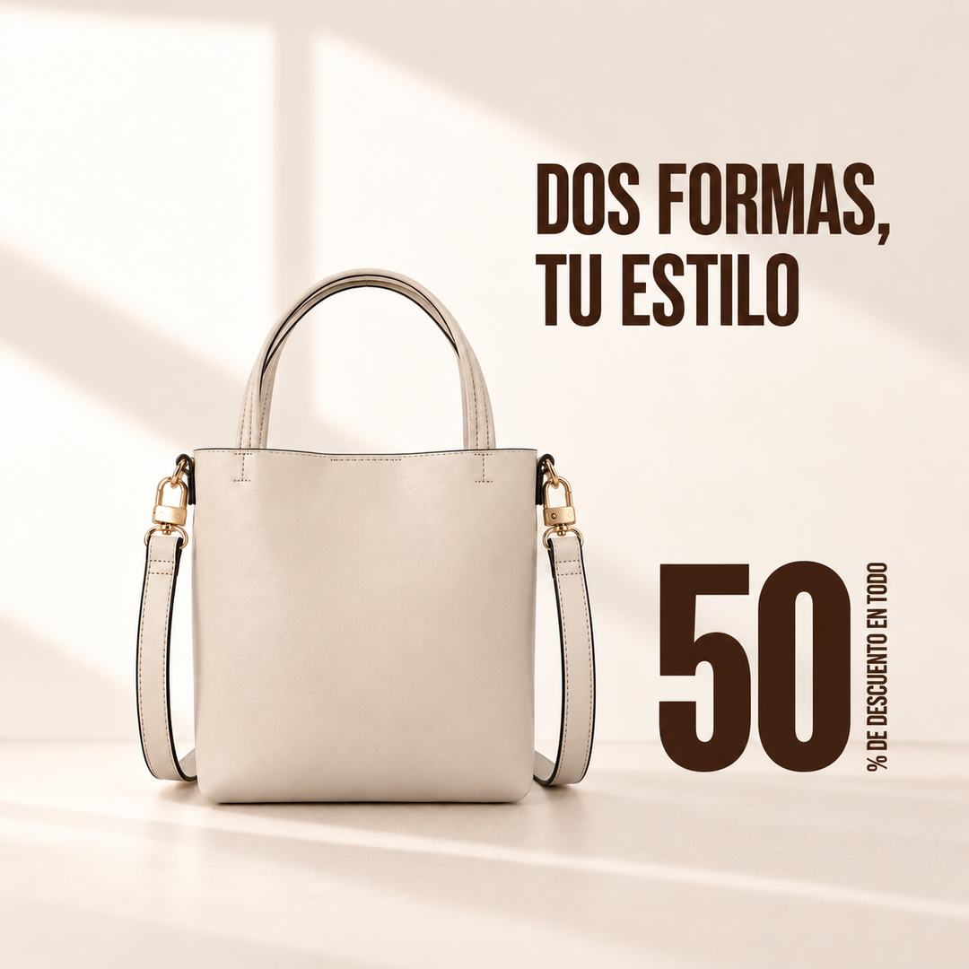 Tote vertical beige sin logotipo con asas cortas y tirante largo